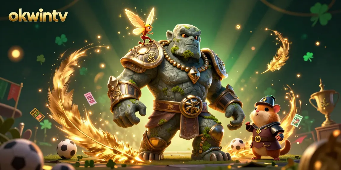 Betting action on okwintv with a golem and knight navigating a dynamic sports scene.
