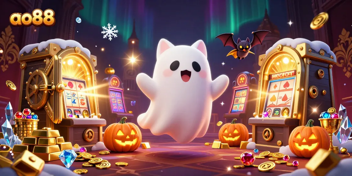 ao88 players enjoy gambling adventures with a ghost cat and a vampire bat in a colorful casino scene