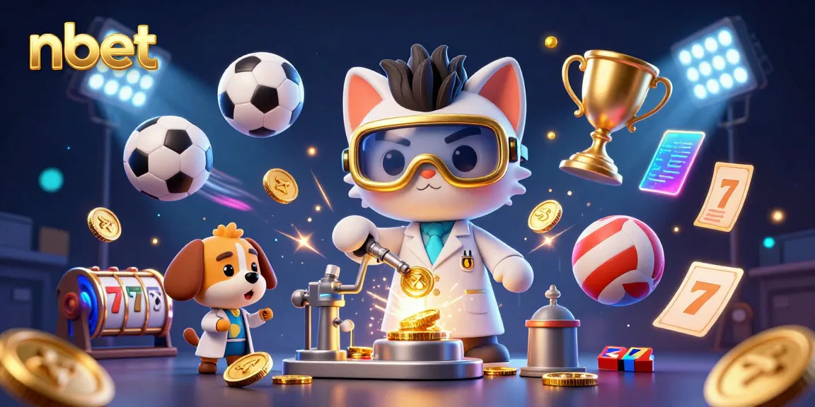Witness the lively action of nbet with a whimsical mad scientist cat and dog creating a gold-coin machine amid sports elements.