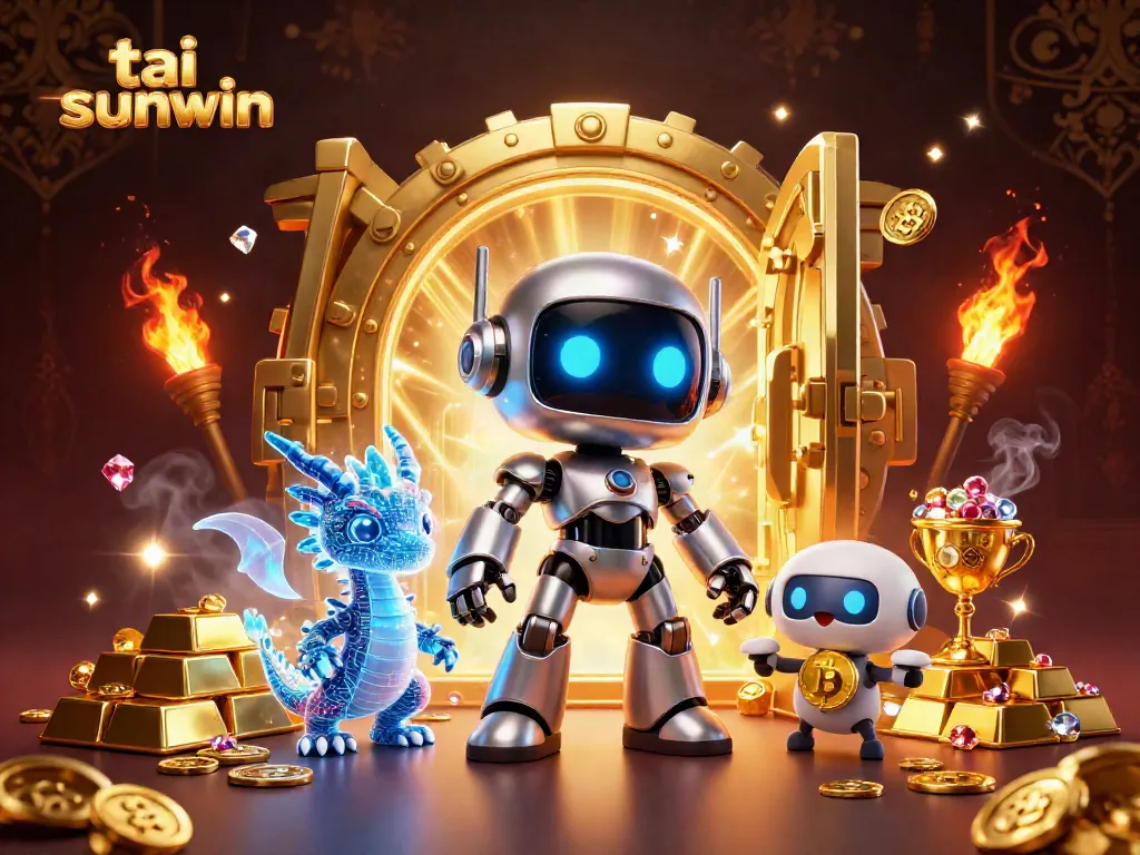 Play exciting games at tai sunwin with a vibrant 3D scene featuring a cyberpunk robot and treasure.
