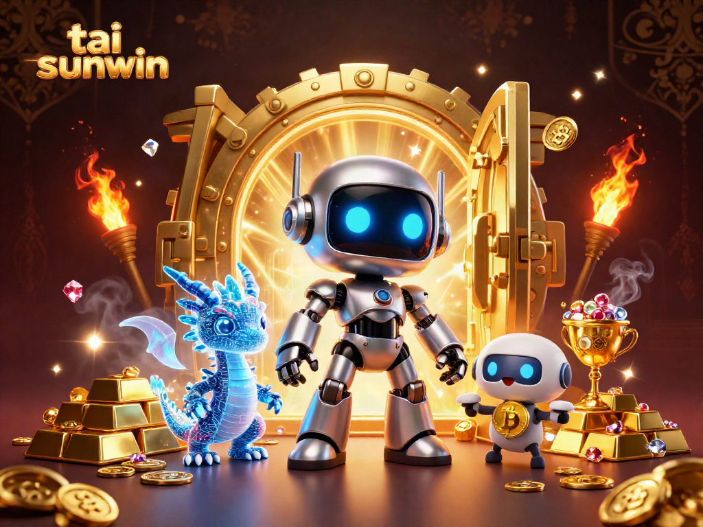 Play exciting games at tai sunwin with a vibrant 3D scene featuring a cyberpunk robot and treasure.