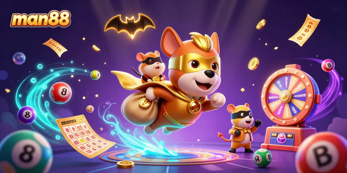 Experience the thrill of man88 as a superhero dog flies with gold coins amidst vibrant casino elements.
