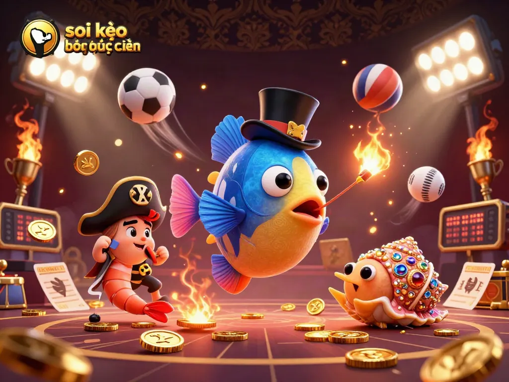 Soi kèo bóng đá trực tuyến với hình ảnh động của cá anglerfish và các yếu tố thể thao hấp dẫn.