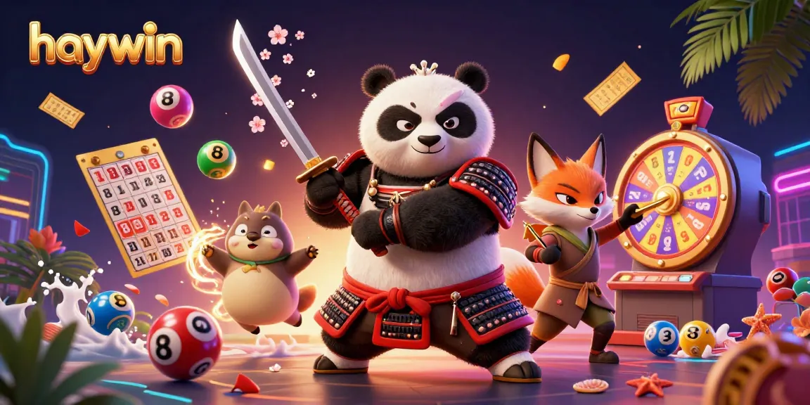 Experience excitement with haywin's vibrant gaming scene featuring animated characters, golden tickets, and dynamic elements.