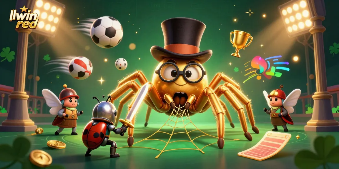 Experience the thrill of llwin red with a vibrant casino scene featuring a giant tarantula and sports elements.