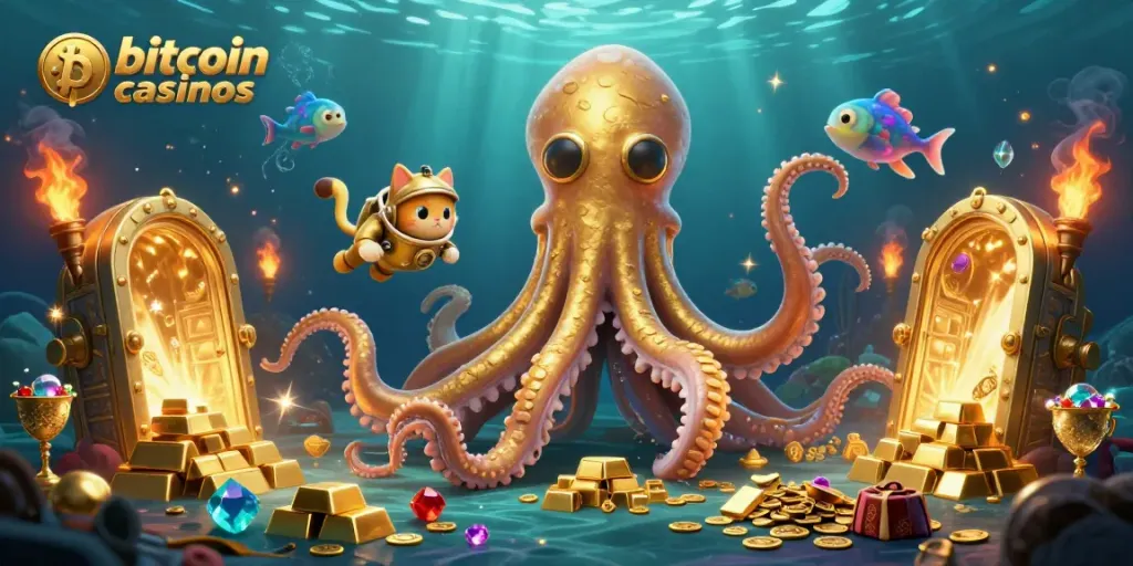 Experience vibrant bitcoin casinos with a kraken, diving cat, and treasure details in this dynamic scene.