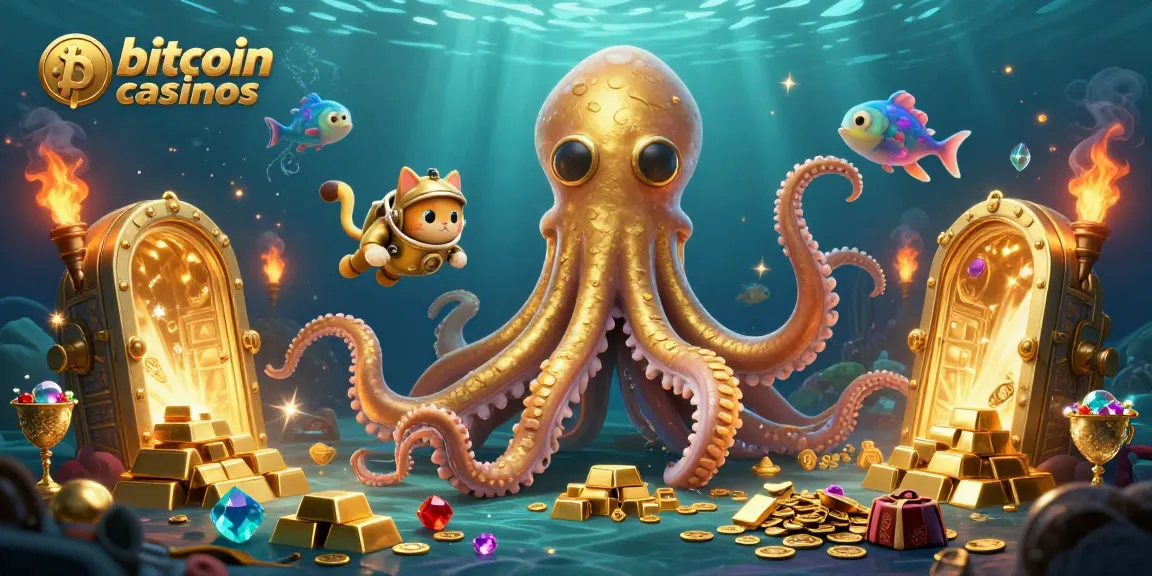 Experience vibrant bitcoin casinos with a kraken, diving cat, and treasure details in this dynamic scene.