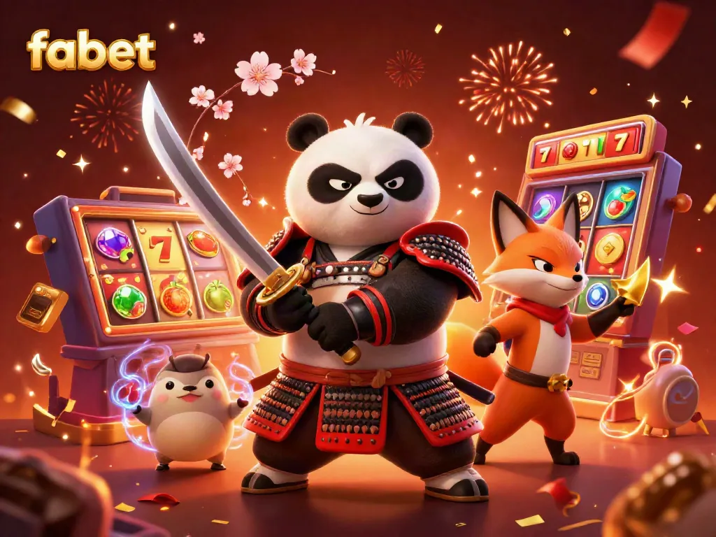 Experience gaming excitement with fabet's vibrant 3D casino illustration featuring a panda samurai and ninja fox.