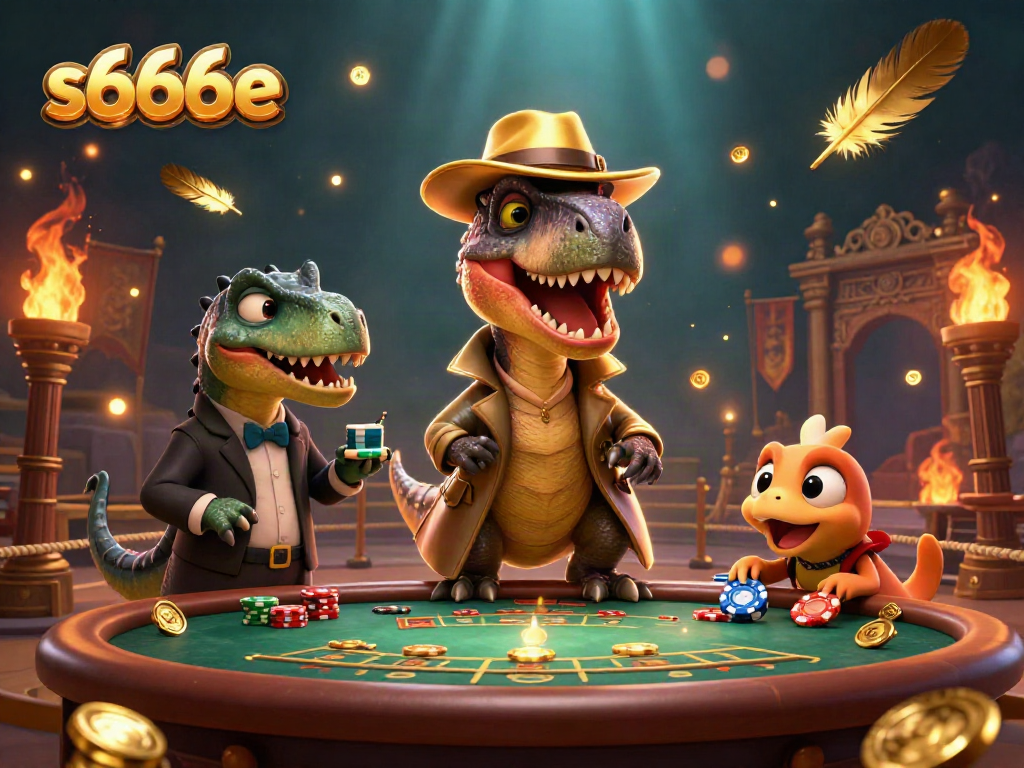 S666ae captivates players with a vibrant casino scene featuring dinosaur characters at a blackjack table filled with excitement.