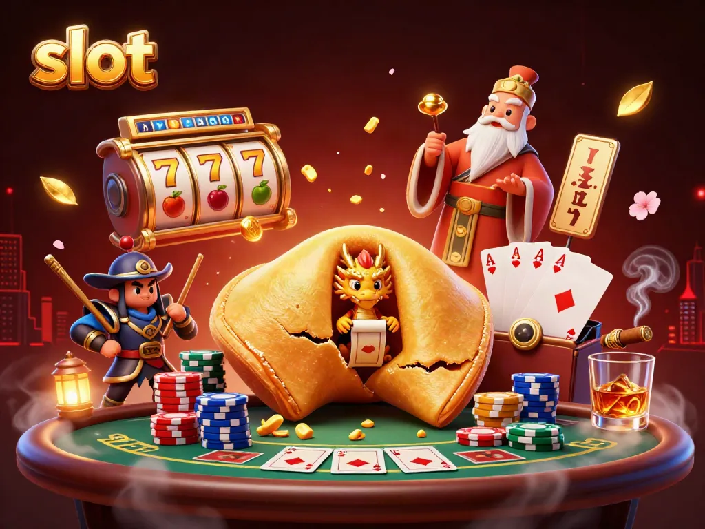 Engage with the vibrant slot scene featuring a fortune cookie and dynamic casino elements.