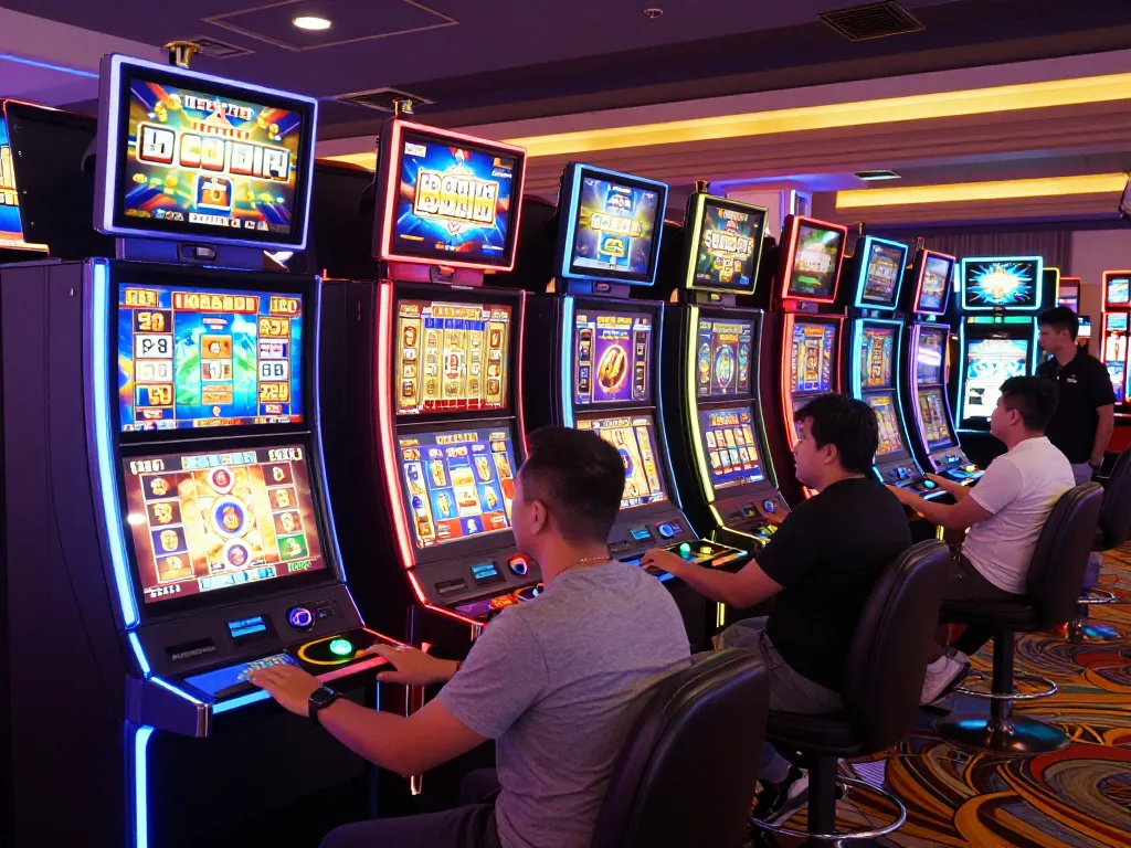 Players enjoying a dynamic SLOT experience at colorful slot machines in a vibrant casino atmosphere.