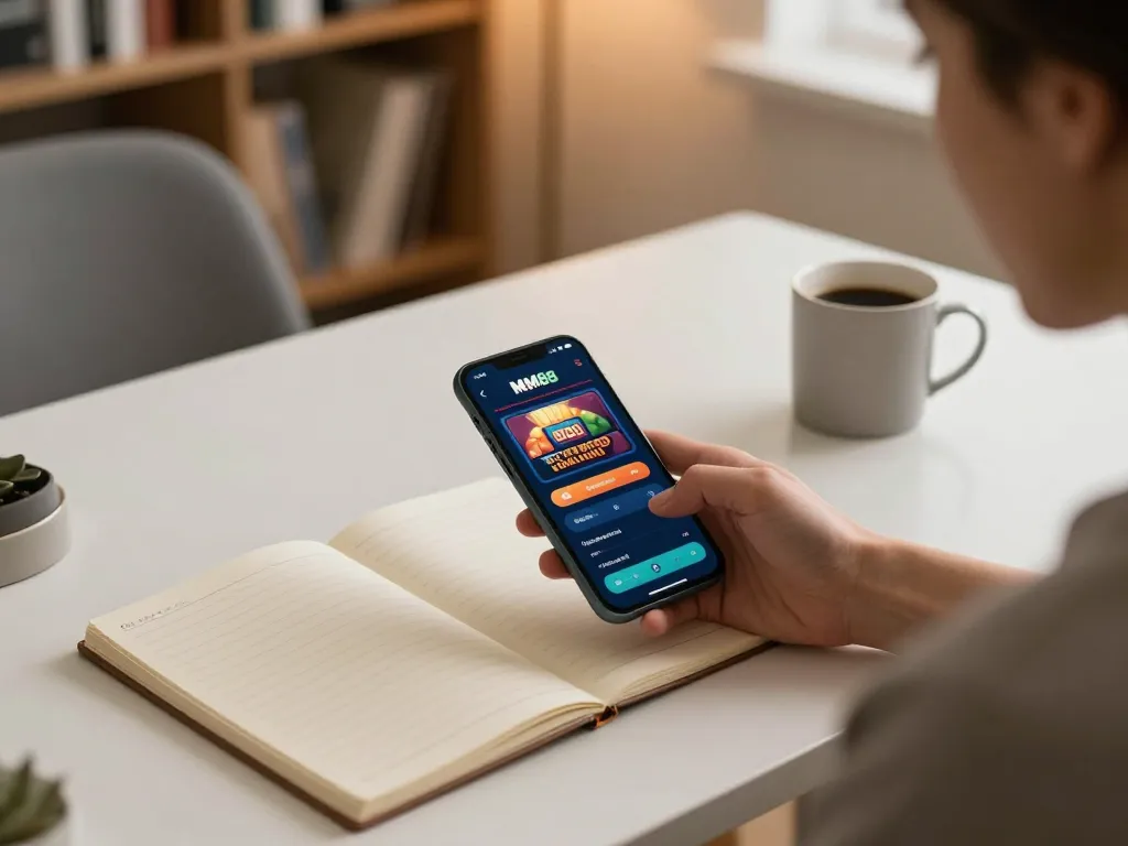 Player engaging with MM88 mobile casino app while strategizing at home.