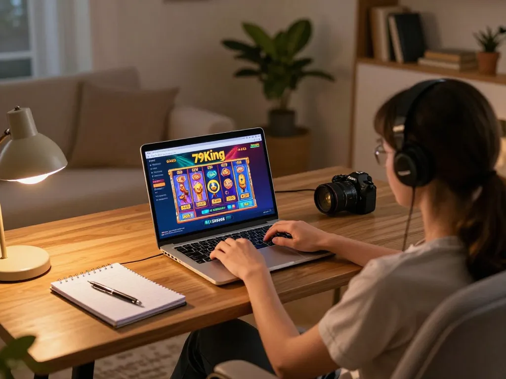 Engaged player using the 79king platform on a laptop at home, showing gaming strategy notes.