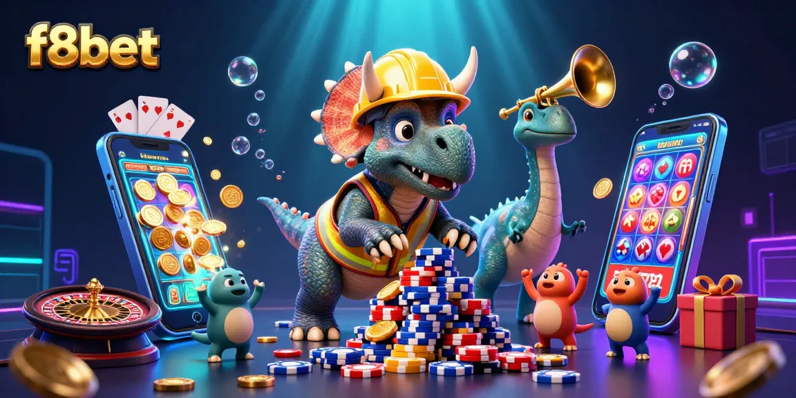 Experience the excitement of f8bet with a vibrant 3D casino scene filled with playful cartoon dinosaurs and dynamic gaming elements.