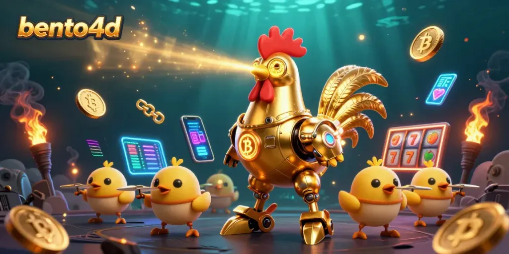 Bento4d slot adventure featuring retro-futuristic elements and cryptocurrency coins.