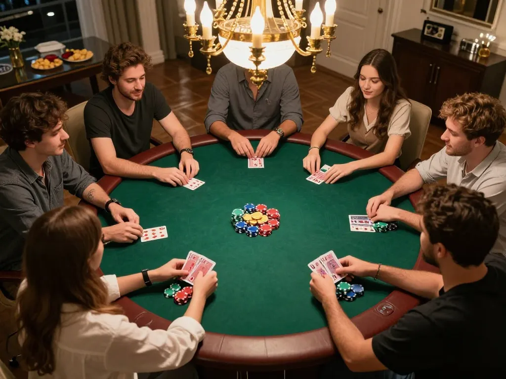 Players enjoying an engaging poker game night while using rokok 88 products in a vibrant home setting.