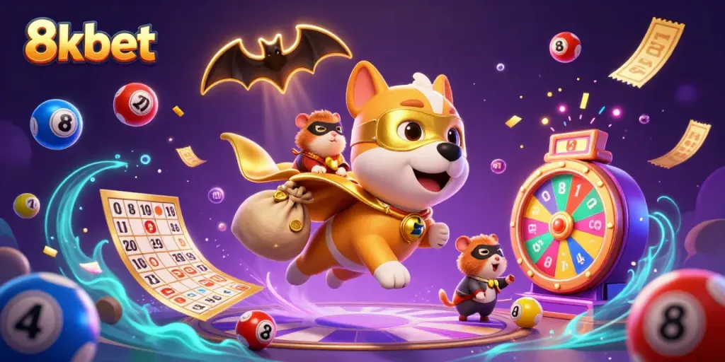 8xbet superhero dog and hamster celebrate with gold coins and dynamic casino elements in a vibrant scene.