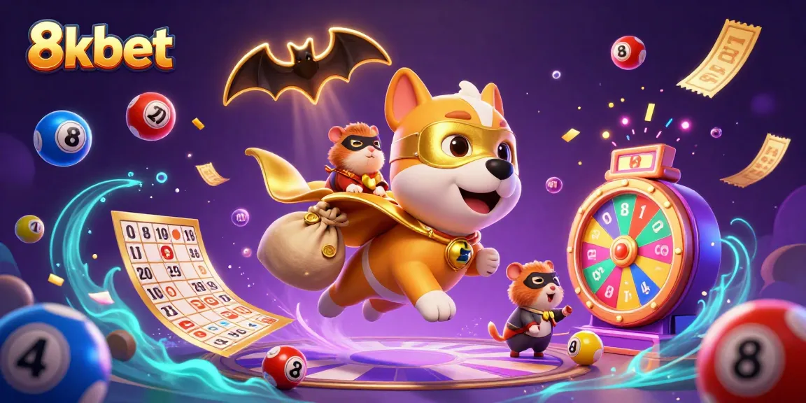 8xbet superhero dog and hamster celebrate with gold coins and dynamic casino elements in a vibrant scene.