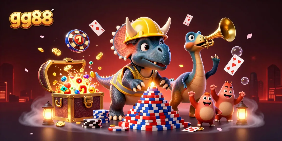 Experience winning thrills with gg88 as a triceratops and friends build a poker chip pyramid in a vibrant casino scene.