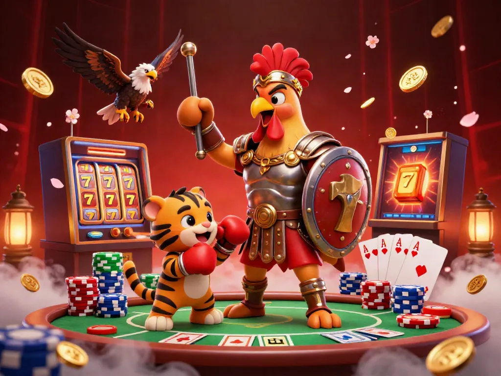 Action-packed scene depicting a 3D cartoon gladiator rooster celebrating slot gacor wins with playful allies in a vibrant casino.