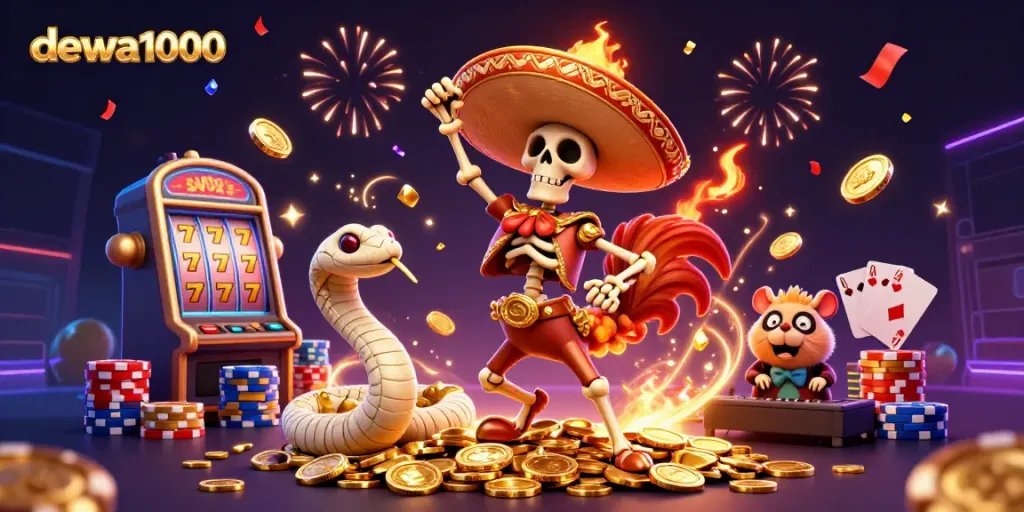 Engaging scene showing dewa1000 characters celebrating around a slot machine and colorful poker chips.