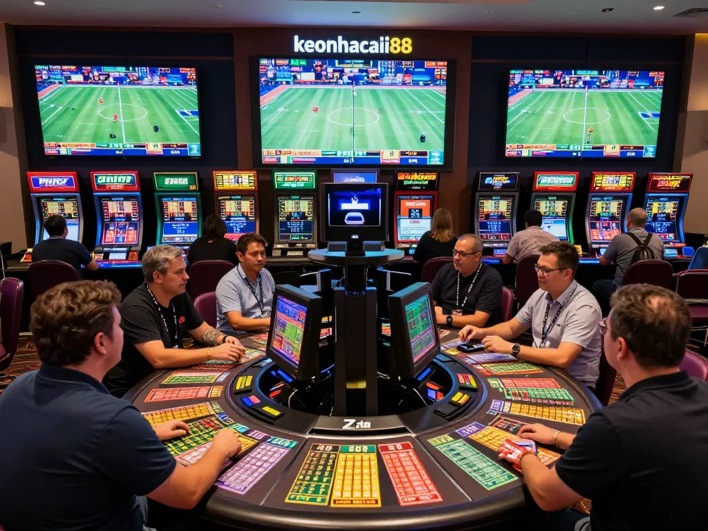 Active sports betting scene at keonhacaii88 with enthusiastic bettors reviewing odds