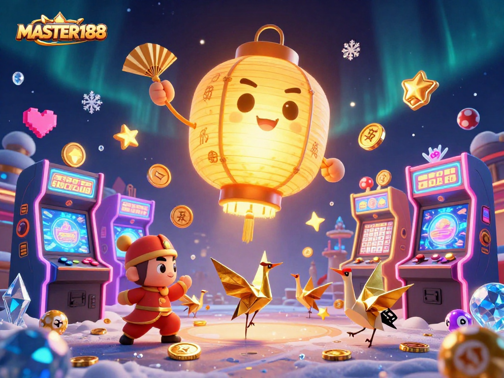Try your luck with MASTER188 at the vibrant lottery-themed night market casino illustration.