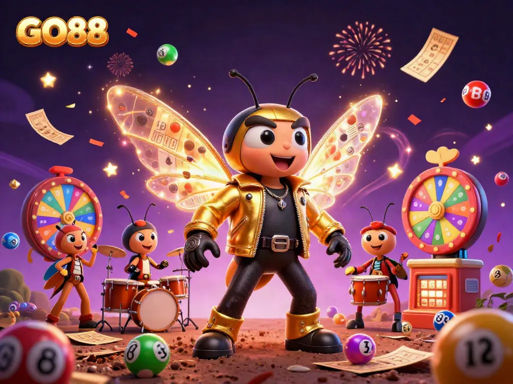 Experience the excitement of GO88 with a vibrant illustration showcasing a rock star cicada and dynamic game elements.