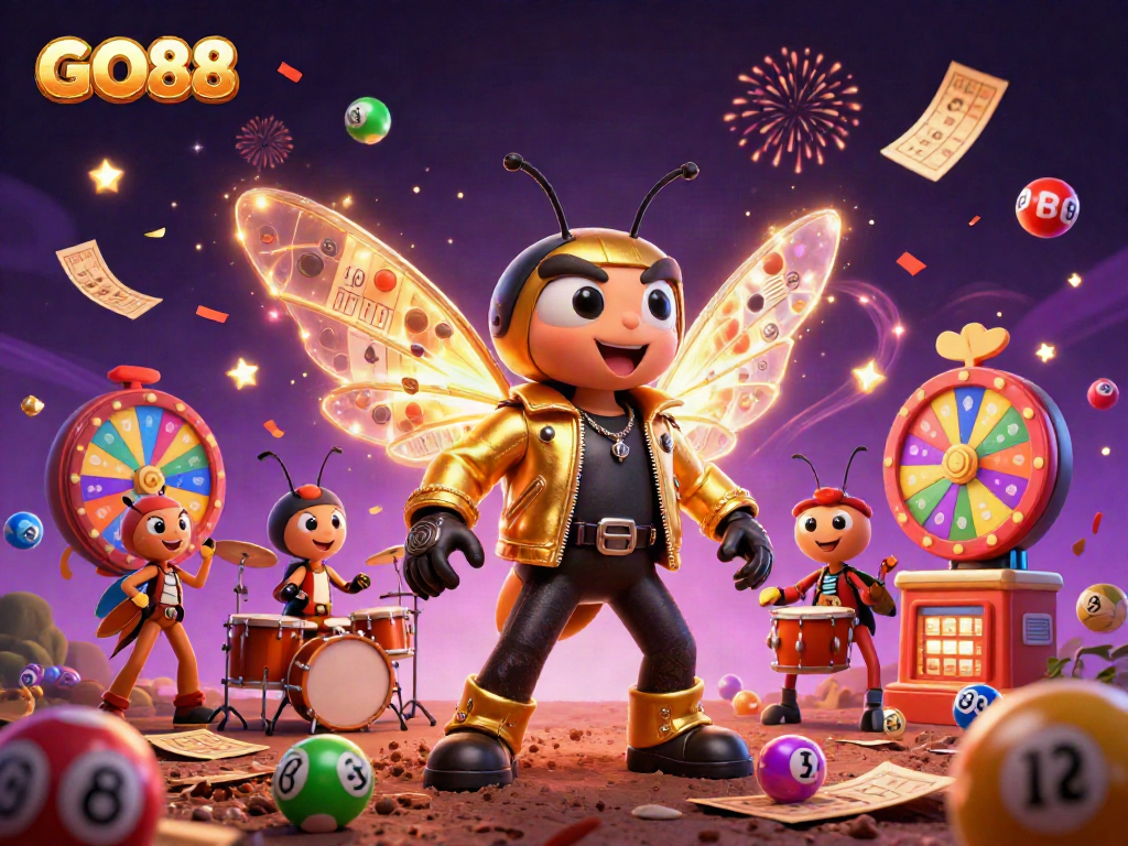Experience the excitement of GO88 with a vibrant illustration showcasing a rock star cicada and dynamic game elements.