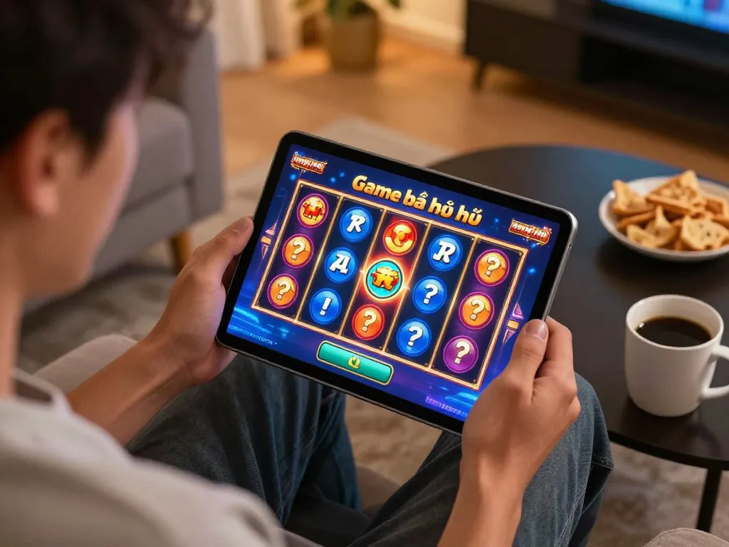 Player enjoying Game bài nổ hũ on tablet, showcasing vibrant gameplay and a cozy atmosphere.