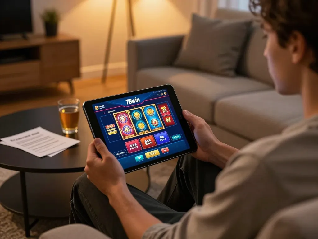 Engaging player explores the 78win casino app on a tablet during a cozy gaming session.