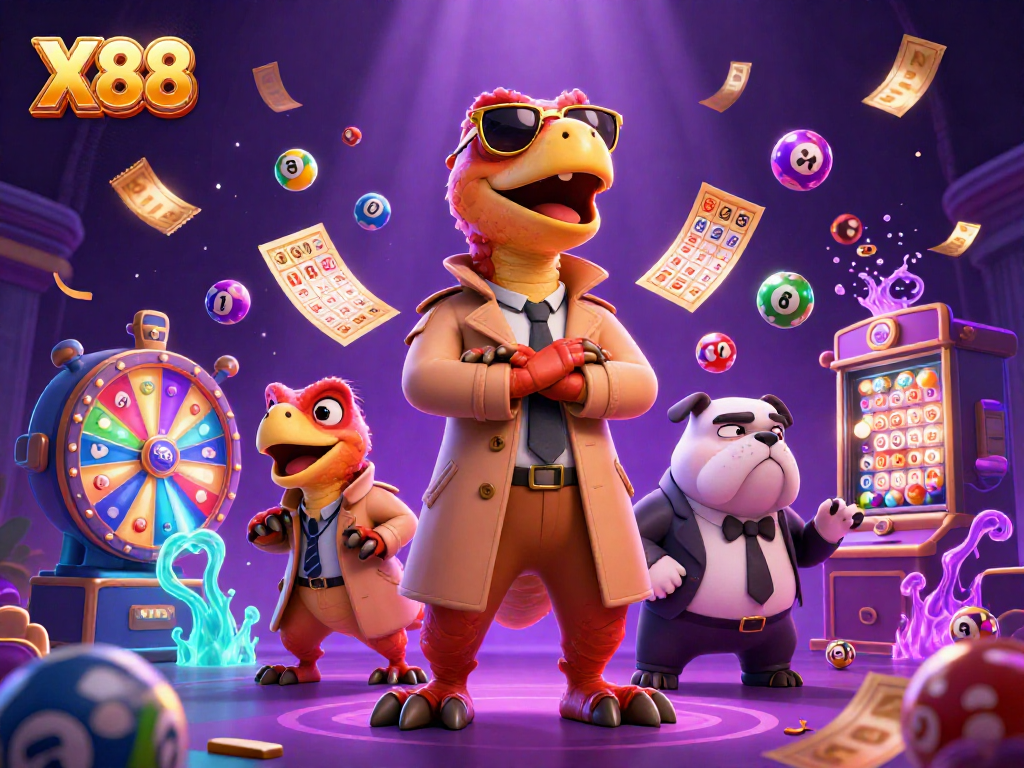 X88 offers thrilling lottery action with raptors and a bulldog guarding the casino entrance.
