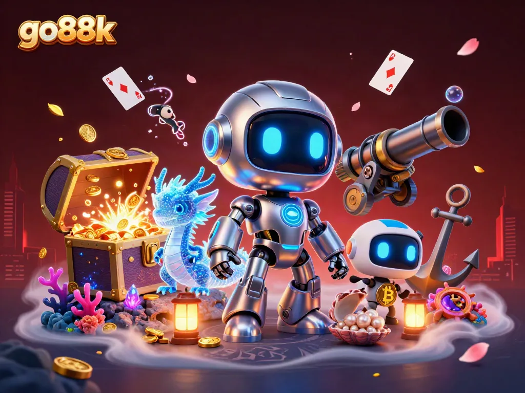 Experience thrilling fun at go88k with a vibrant 3D casino illustration featuring dynamic characters and gaming elements.
