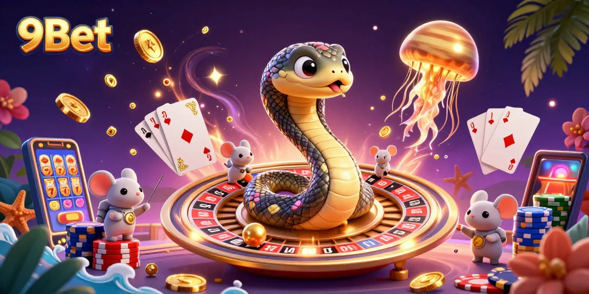 Engage with 9Bet's thrilling betting scene featuring a cosmic dealer, roulette, and vibrant casino elements.
