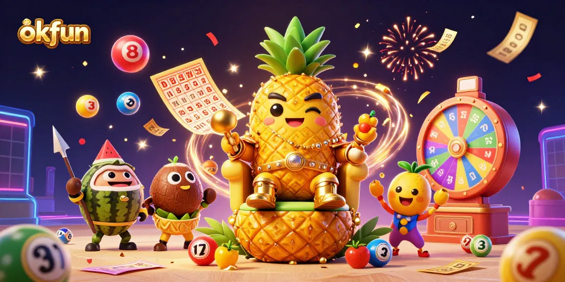 Play thrilling games with okfun in a vibrant beach casino scene featuring a golden pineapple king and lively characters.