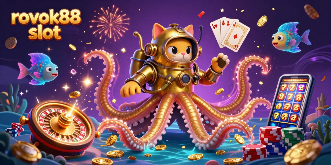 Experience rokok88 slot with a vibrant scene featuring a kraken and treasure amidst animated casino elements.