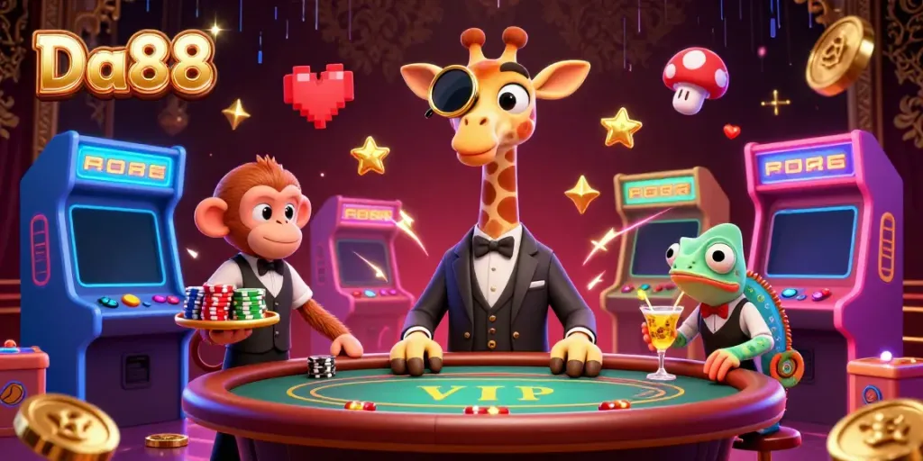 Experience high-stakes gaming at Da88 with a 3D giraffe and monkey playing poker amidst vibrant casino excitement.