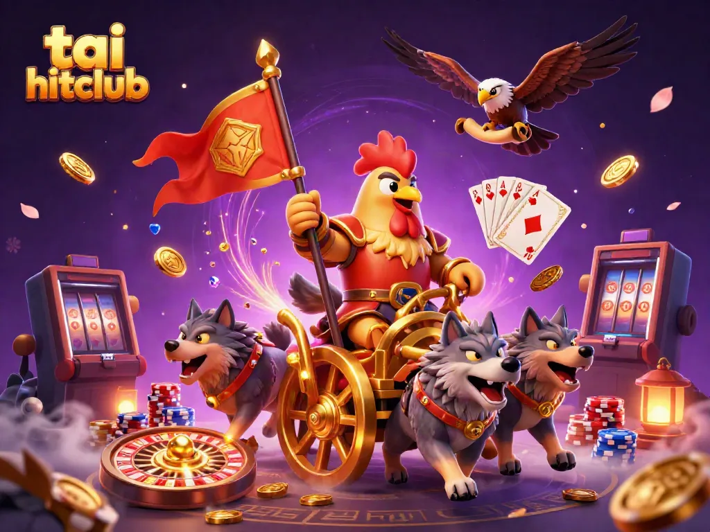 Experience the thrill of tai hitclub with vibrant golden coins, a rooster warlord, and dynamic casino elements.