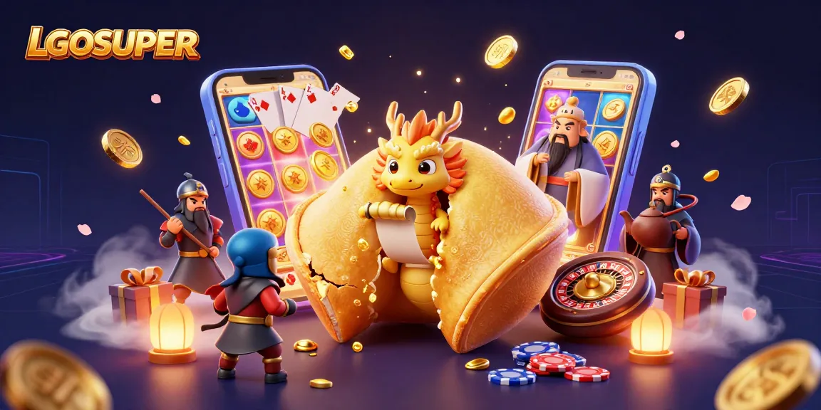 Engage with LGOSUPER's exciting slot experience featuring a golden fortune cookie and dynamic casino elements.
