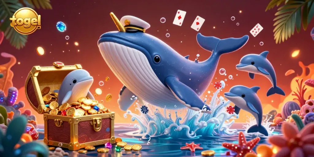 Experience the excitement of togel with a 3D whale and dolphins surrounded by coins and casino elements.