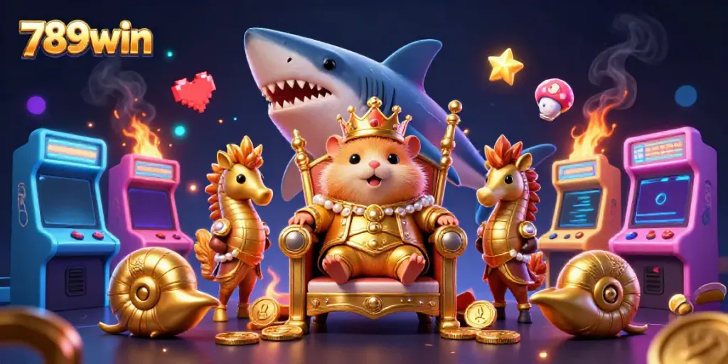 Experience the excitement of 789win with a vibrant 3D casino scene featuring a fierce hamster king and game machines.