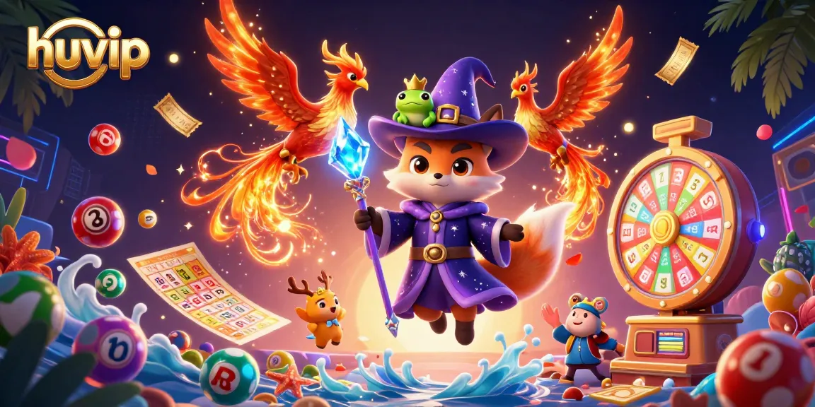 Play exciting games with huvip and experience vibrant lottery action in a magical casino scene.