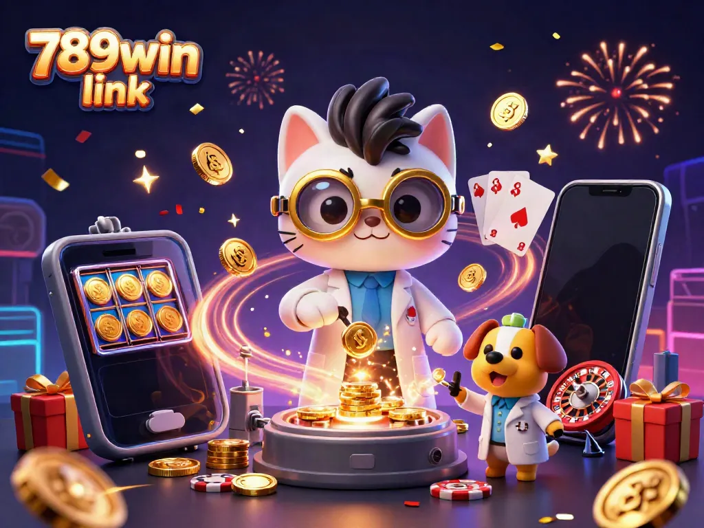 Engage in exciting gaming with 789win link, showcasing a vivid scene with a scientist cat and dog in a casino setting.