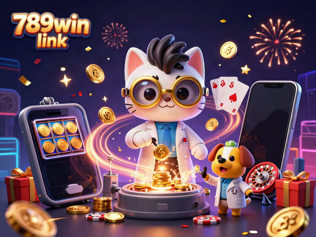 Engage in exciting gaming with 789win link, showcasing a vivid scene with a scientist cat and dog in a casino setting.