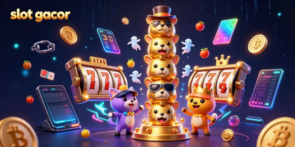 Gamer bermain slot gacor dengan simbol slot, 7 keberuntungan, dan koin cryptocurrency bersinar