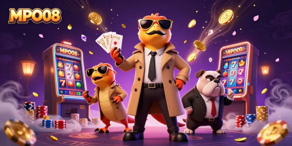 Engage with MPO08 for thrilling slot action amidst animated casino fun.