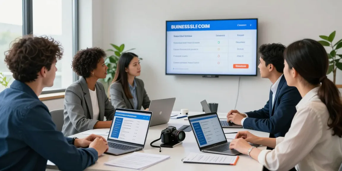 Compare business SIM only deals UK in a modern office meeting with professionals analyzing mobile plans and data options.