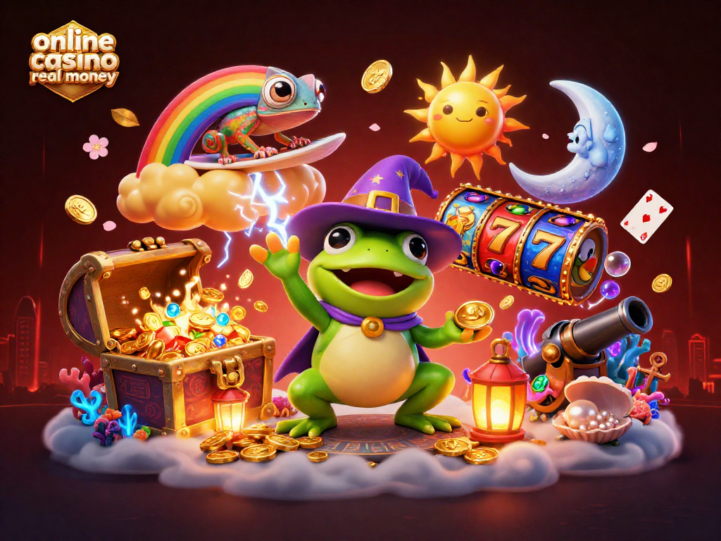 Engage in online casino real money with exciting visuals of a wizard frog and chameleon amidst gold and vibrant game elements.