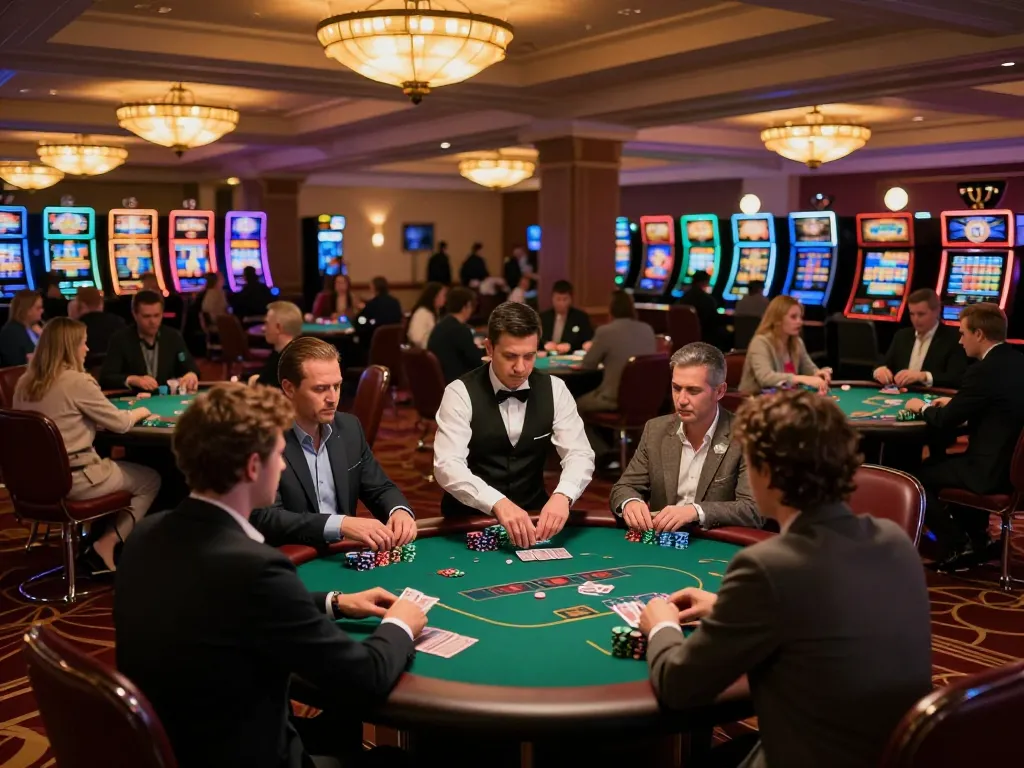 Engaging gameplay at sunwin casino with players at poker tables and vibrant casino atmosphere.