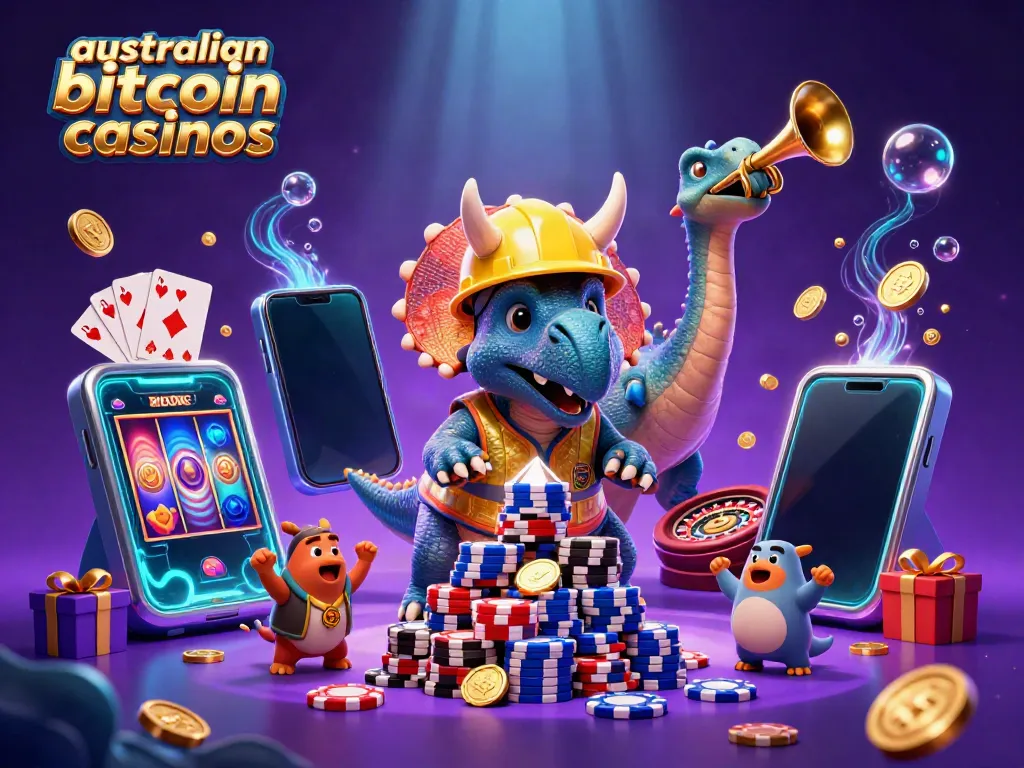 Cheerful scene at australian bitcoin casinos with animated triceratops and gaming elements.